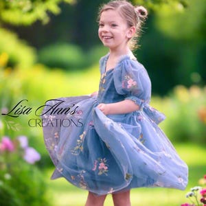 Floral Flower Girl Dress Dusty Blue Flower Girl Dress Spring Flower Girl Dress Junior Bridesmaid Dress Puff Short Sleeve Dress