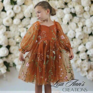 Flower Girl Dress Floral Flower Girl Dresses Burnt Orange Flower Girl Dress Long Sleeve Flower Girl Fall Flower Girl Dress Embroidery Dress