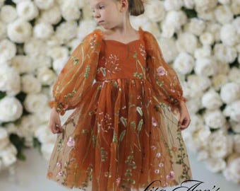 Flower Girl Dress Floral Flower Girl Dresses Burnt Orange Flower Girl Dress Long Sleeve Flower Girl Fall Flower Girl Dress Embroidery Dress