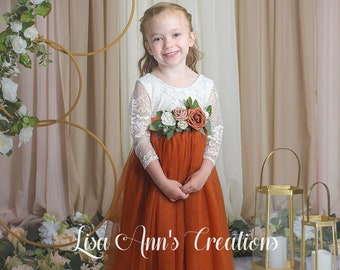 Flower Girl Dress Burnt Orange Flower Girl Dresses Boho Flower Girl Junior Bridesmaid Terracotta Flower Girl Long Sleeve Flower Girl Dress