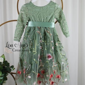 Flower Girl Dress Sage Floral Flower Girl Dresses Girls Long Sleeve Flower Girl Toddler Flower Girl Dress Junior Bridesmaid Dresses