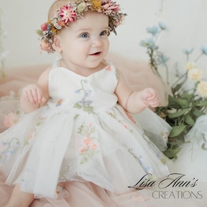 Fairy First Birthday Floral Flower Girl Dress Baby 1st Birthday Dress White Wildflower Easter Dress Outfit Toddler Sleeveless Girls Dress