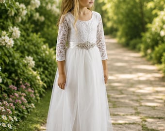 White Flower Girl Dress: Long Sleeve Lace, Tulle, Boho All White