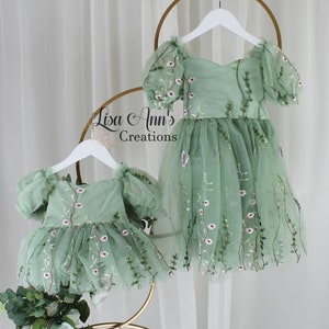 Flower Girl Dress Sage Flower Girl Dresses Sage Green Flower Girl Dress Floral Embroidery Dress Fairy Dress Baby Birthday Short Sleeve Dress