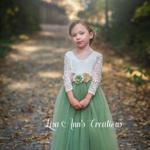 Sage Flower Girl Dress Rustic Flower Girl Lace Flower Girl Tulle Flower Girl Junior Bridesmaid Dress 1st Birthday Long Sleeve Dress