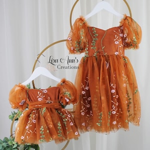Flower Girl Dress Burnt Orange Floral Flower Girl Dresses Fall Flower Girl Dress Embroidery Dress Fairy Dress Birthday Short Sleeve Dress