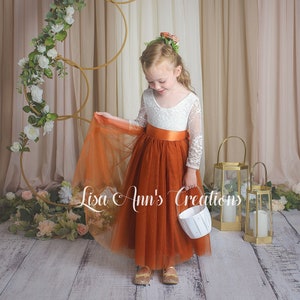 Flower Girl Dress Burnt Orange Fall Flower Girl Dress Boho Flower Girl Dresses Rustic Flower Girl Lace Flower Girl Long Sleeve Girls Dress