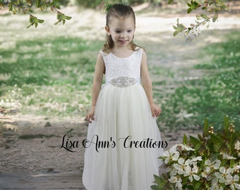 Flower Girl Dress Ivory Flower Girl Toddler Flower Girl Tulle Cream Flower Girl Rustic Flower Girl Lace Sleeveless Dress