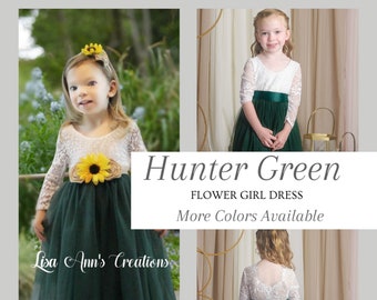 Flower Girl Dress Hunter Green Sunflower Flower Girl Dress Toddler Dark Green Junior Bridesmaid Dress Long Sleeve Flower Girl Dress