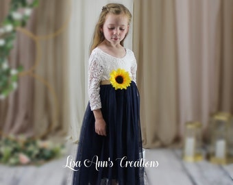 Sunflower Flower Girl Dress Navy Blue Flower Girl Flower Girl Dresses Tulle Toddler Flower Girl Dress Junior Bridesmaid Long Sleeve Dress