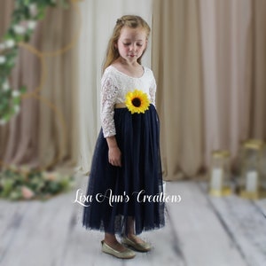 Sunflower Flower Girl Dress Navy Blue Flower Girl Flower Girl Dresses Tulle Toddler Flower Girl Dress Junior Bridesmaid Long Sleeve Dress