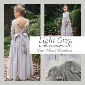 Flower Girl Dress, Grey Flower Girl Dresses Junior Bridesmaid Dress Toddler Flower Girl Boho Flower Girl Light Gray Long Sleeve Girls Dress