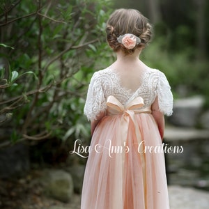 Light Peach Flower Girl Dress Tulle Flower Girl Lace Junior Bridesmaid Bohemian Flower Girl 1st Birthday Dress Short Sleeve Dress