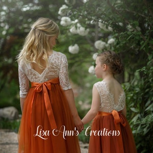 Burnt Orange Flower Girl Dress Boho Flower Girl Toddler Junior Bridesmaid Fall Flower Girl Tulle Flower Girl Long Sleeve Flower Girl Dress