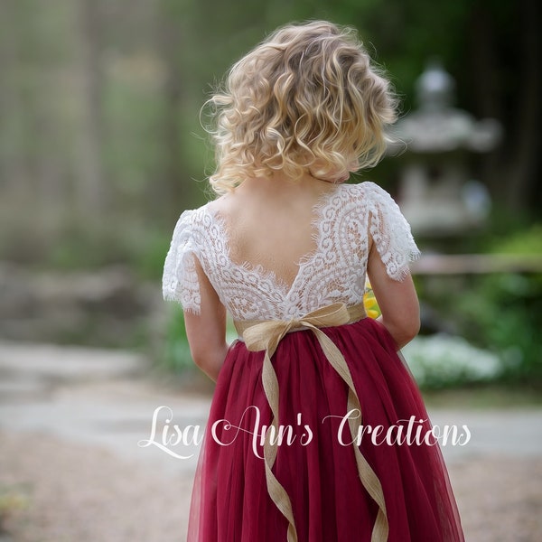 Flower Girl Dress Burgundy Rustic Sunflower Sash Lace Flower Girl Dress Short Sleeves