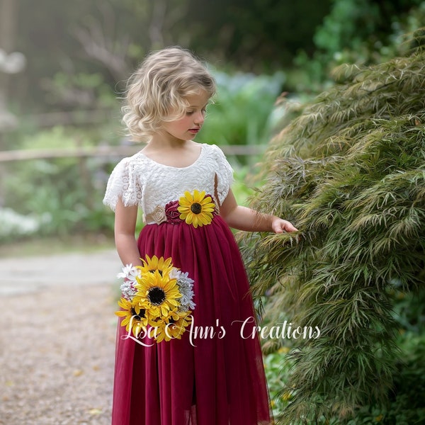 Burgundy Flower Girl Dress Rustic Tulle Sunflower Sash Lace Jr Bridesmaid Dress Short Sleeve Dress