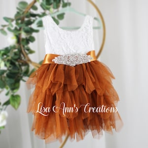 Flower Girl Dress Burnt Orange Flower Girl Tutu Flower Girl Lace Flower Girl Knee Length Tiered Dress Sleeveless Flower Girl Dress