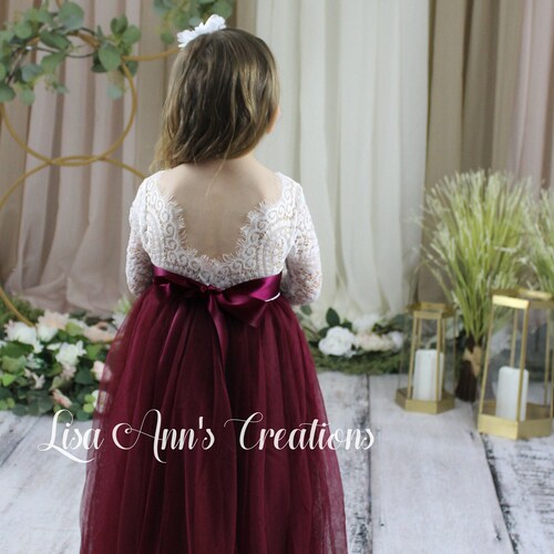 Burgundy Flower Girl Dress Rustic Tulle Sunflower Sash Lace Jr - Etsy