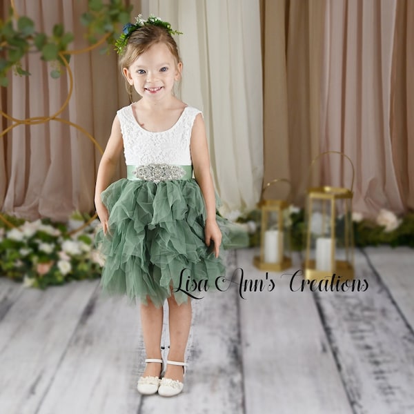 Sage Green Flower Girl Dress, Sage Fairy Dress, Girls Easter Dress, Baby Tutu Dress Lace Flower Girl Sleeveless Knee Length Tiered Dress