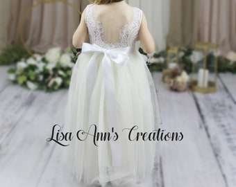 Ivory Flower Girl Dress Boho Flower Girl Ivory Tulle Flower Girl Junior Bridesmaid Birthday Lace Flower Girl Sleeveless Flower Girl Dress