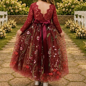 Flower Girl Dress Burgundy Floral Flower Girl Dress Girls Special Occasion Dress Toddler Embroidery Dress Junior Bridesmaid Long Sleeve