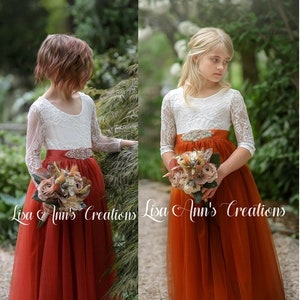 Flower Girl Dress Rust Flower Girl Rustic Flower Girl Boho Flower Girl Tulle Flower Girl Lace Flower Girl Long Sleeve Dress