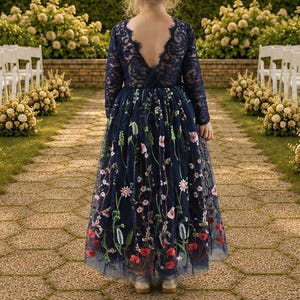 Navy Blue Flower Embroidered Dress - Etsy