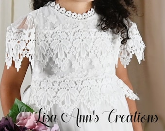 White Flower Girl Dress, Rustic Lace Tulle Christening Dress, Boho 1st Communion Dresses All White Baptism Short Sleeve Dress