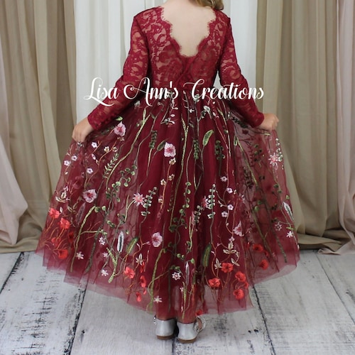 Flower Girl Dress Burgundy Floral Flower Girl Dress Girls Special Occasion Dress Toddler Embroidery Dress Junior Bridesmaid Long Sleeve