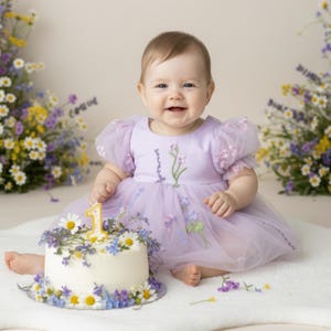 Floral White Baby Girl 1st Birthday Dress Wildflower Birthday Family Pictures Flower Girl Dress Embroidery Special Occasion Short Sleeve image 10