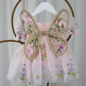 May include: A light pink dress featuring sheer puff sleeves and a tulle overlay with colorful floral embroidery. Attached to the back are large, decorative butterfly wings outlined in gold metallic trim, featuring matching floral embroidery.