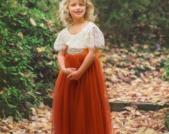 Flower Girl Dress Burnt Orange Tulle Flower Girl Junior Bridesmaid Dress Lace Flower Girl Rustic Flower Girl 1st Birthday Short Sleeve Dress