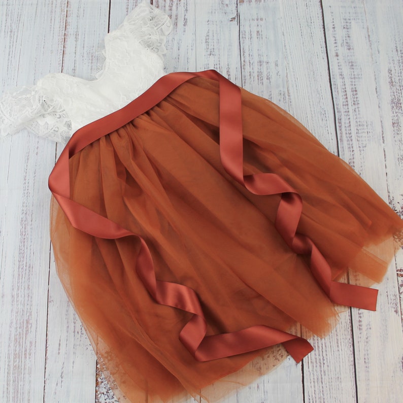 rustic flower girl dress in burnt orange tulle and white lace.