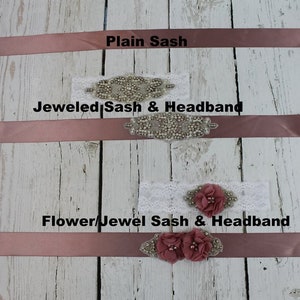 May include: A selection of bridal sashes and headbands. The image shows a plain mauve sash, a jeweled sash and headband, and a flower/jewel sash and headband. The text "Plain Sash", "Jeweled Sash & Headband", and "Flower/Jewel Sash & Headband" are visible.