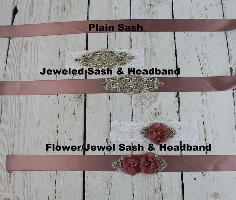 May include: A selection of bridal sashes and headbands. The image shows a plain mauve sash, a jeweled sash and headband, and a flower/jewel sash and headband. The text "Plain Sash", "Jeweled Sash & Headband", and "Flower/Jewel Sash & Headband" are visible.