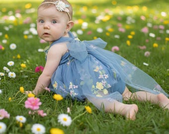 Vestido de niña de flores para bebé, vestido floral azul polvoriento, vestido de jardín bordado para niñas