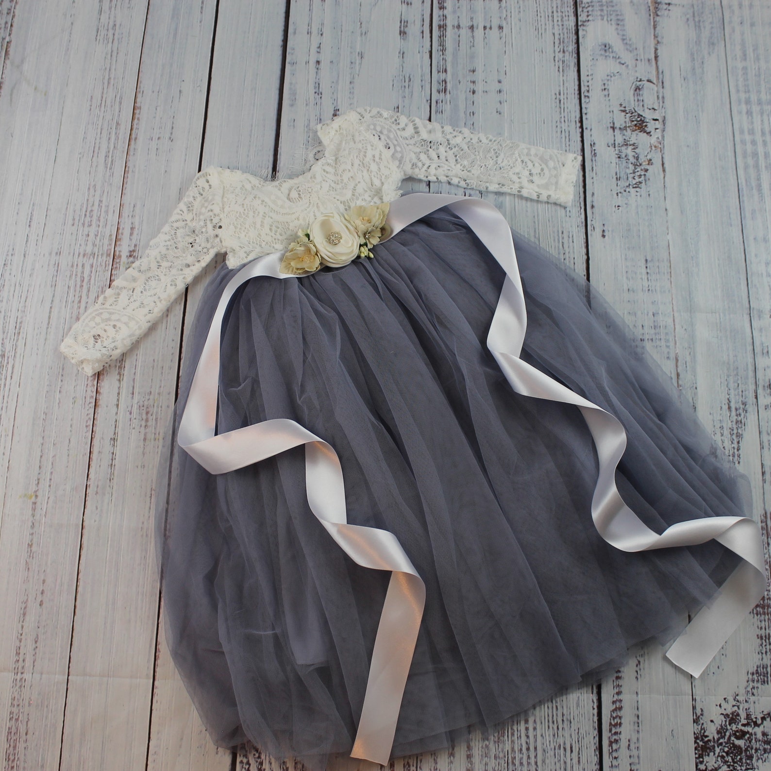Blue Grey Flower Girl Dress Tulle Jr Bridesmaid Dress Lace - Etsy