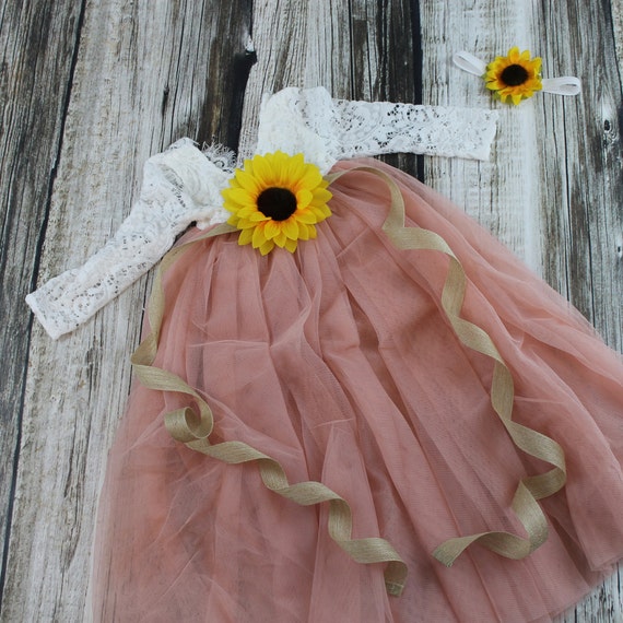 Sunflower Flower Girl Dress Blush Tulle Rustic Dress Sunflower Etsy