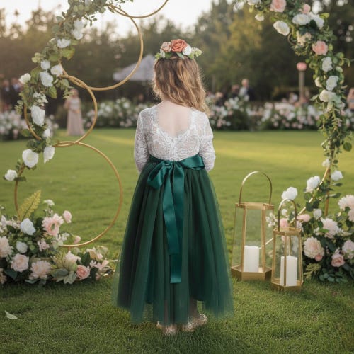 Flower Girl Dress Hunter Green Tulle Lace Bohemian Long Sleeve Flower Girl Dresses