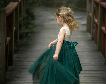 Hunter Green Flower Girl Dress Boho Flower Girl Tulle Flower Girl Junior Bridesmaid Birthday Lace Flower Girl Sleeveless Flower Girl Dress