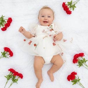 This enchanting strawberry birthday dress features exquisite, embroidered tulle adorned with strawberries, delicate bows, and a whimsical cake motif. The word "Strawberry" is beautifully embroidered throughout, creating a cohesive themed design perfect for first birthdays and milestone celebrations.
