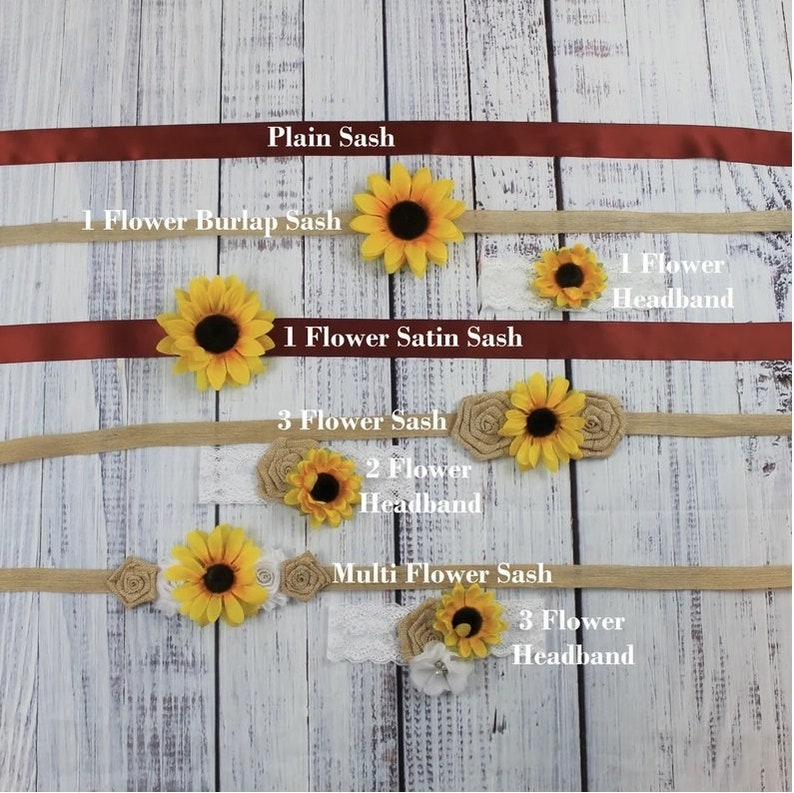 Sash options for flower girl dress. Five different types of sashes and headbands with sunflower embellishments. The sashes are made of burlap, satin, and a multi-flower design. The headbands are made of lace and feature one, two, or three sunflowers.