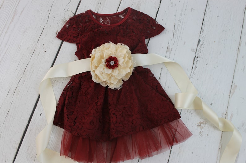Rustic Flower Girl Dress Navy Lace Flower Girl Dress Burgundy Sash Country Wedding