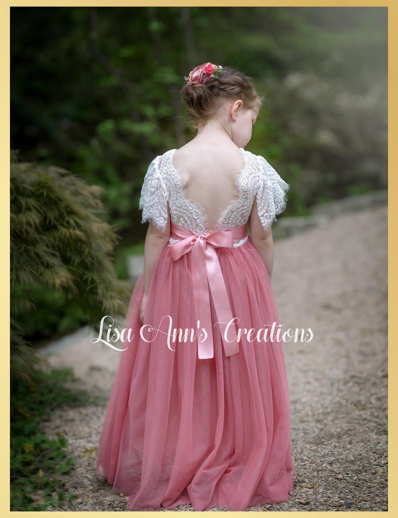 Flower Girl Dress Burnt Orange Tulle Flower Girl Junior Bridesmaid Dress Lace Flower Girl Rustic Flower Girl 1st Birthday Short Sleeve Dress image 9