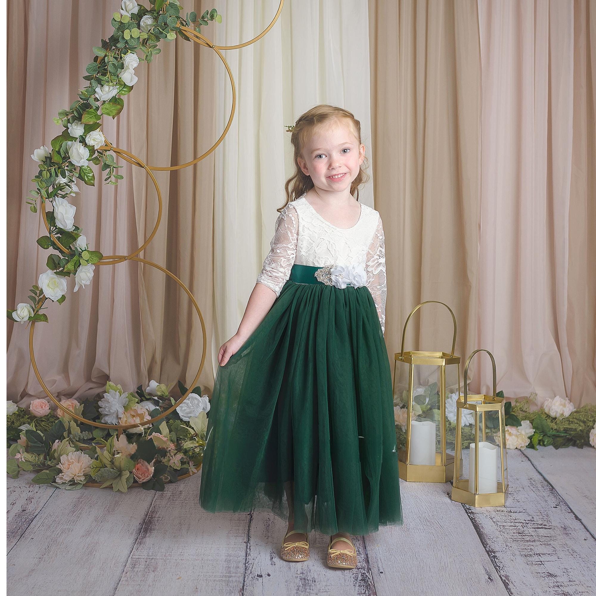 hunter green flower girl dress Hunter Green Flower Girl Dress Boho Flower Girl Tulle Flower Girl Junior Bridesmaid Birthday Lace Flower Girl Sleeveless Flower Girl Dress