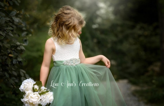 Sage Flower Girl Dress Lace Tulle 