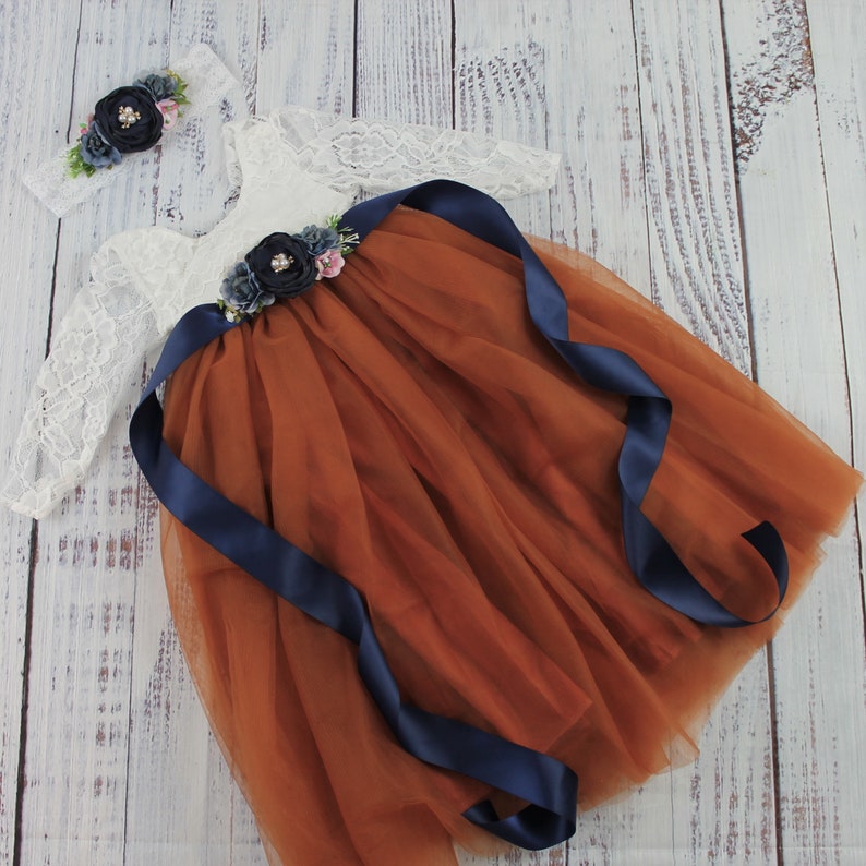 tulle flower girl dress in burnt orange tulle and white lace long sleeves