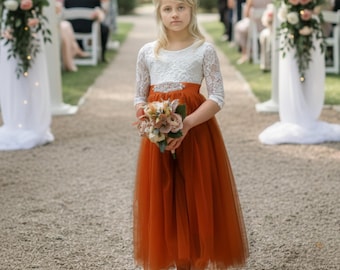 Flower Girl Dress Burnt Orange Fall Toddler Dress Tulle Lace Long Sleeve Dresses