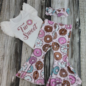 Two Sweet Donut Birthday Outfit Flare Bell Bottoms Girls 2nd Second Donut Theme