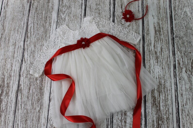 White Flower Girl Dress Red Sash White Tulle Flower Girl Dress Rustic Long Sleeve Dress